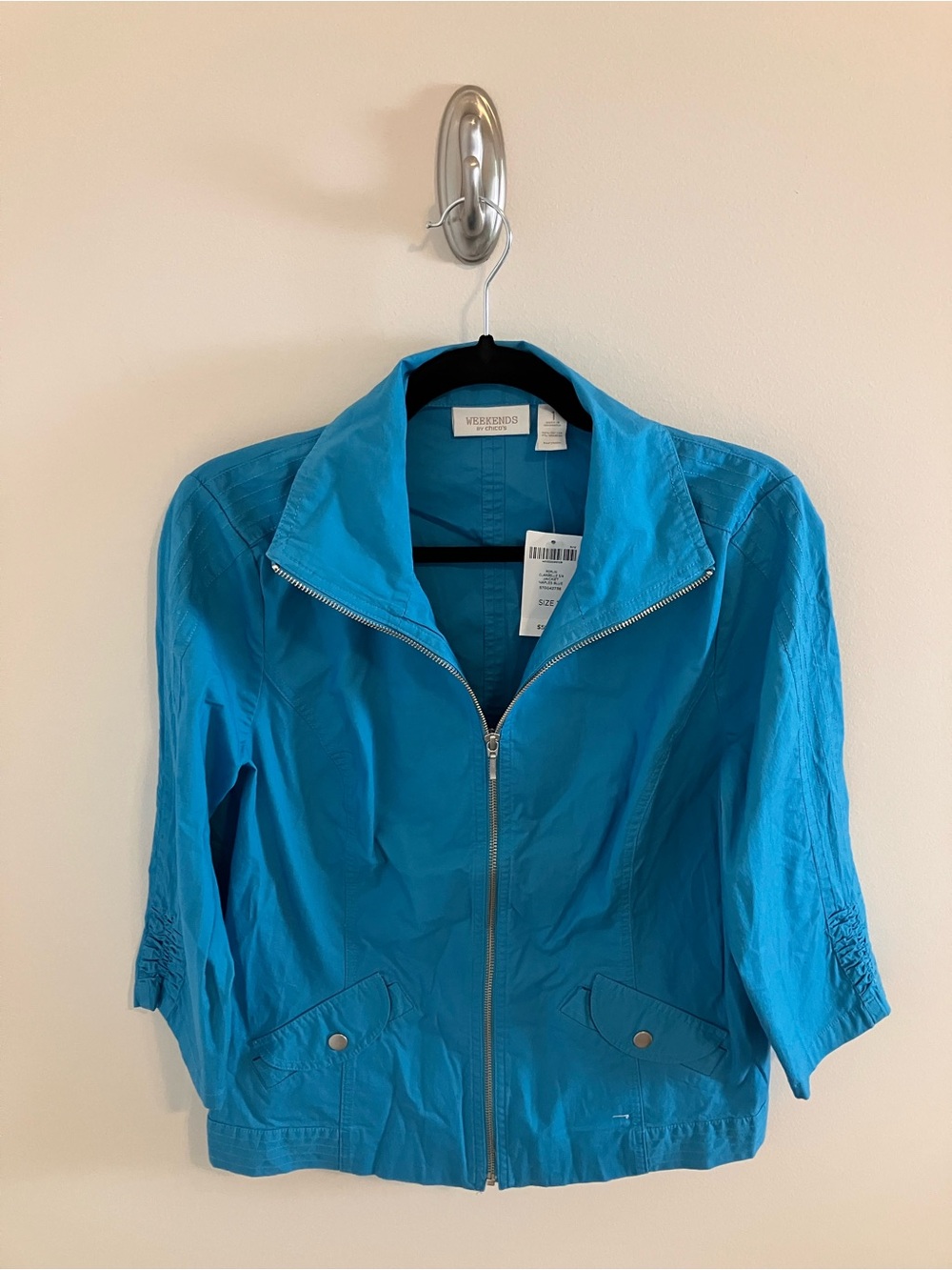 NWT Weekends by Chico's Poplin Claribelle 3/4 Jacket Naples Blue Size 1 (8-10)